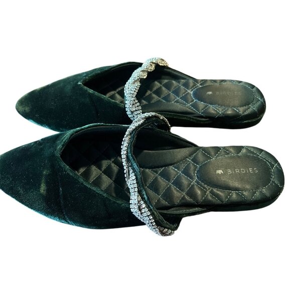 Birdies The Swan Velvet Gem Bracelet Flats Shoes​ Mules Slides 6 Emerald Green - Picture 5 of 8